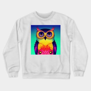 Colorful Owl Portrait Illustration - Bright Vibrant Colors Bohemian Style Feathers Psychedelic Bird Animal Rainbow Colored Art Crewneck Sweatshirt